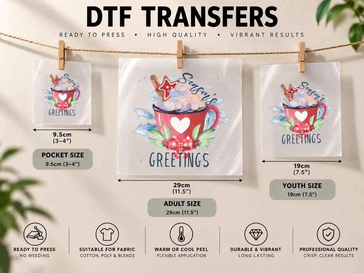 Season's Greetings Winter, Festive Mug with Marshmallows DTF Transfer Iron On