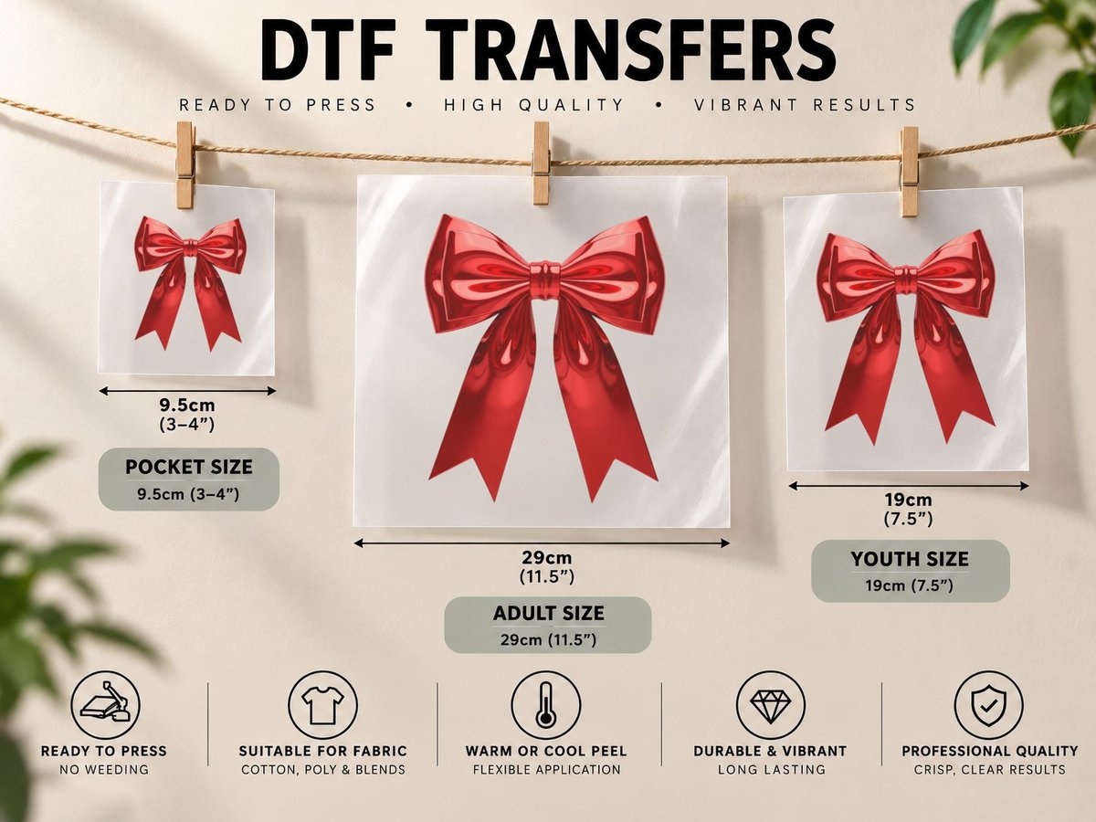 Shiny Red Bow Design Christmas Coquette DTF Transfer Iron On