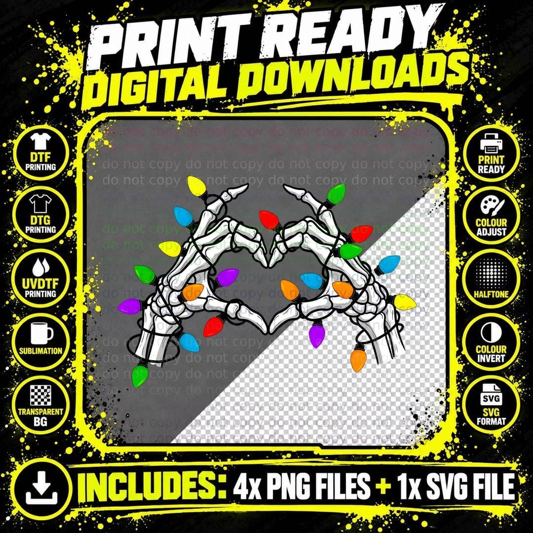 Skeleton Hands Heart Lights Christmas T-Shirt Png SVG Digital Bundle