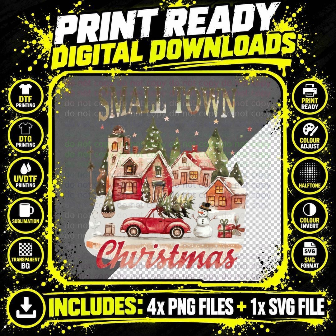 Small Town Christmas T-Shirt, Cozy Snowy Town with Car Png SVG Digital Bundle