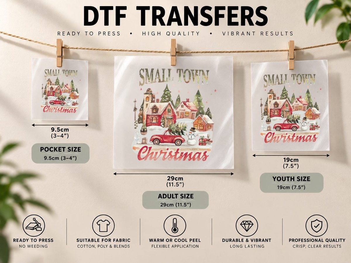 Small Town Christmas, Cozy Snowy Town with Car and Graphic DTF Transfer Iron On