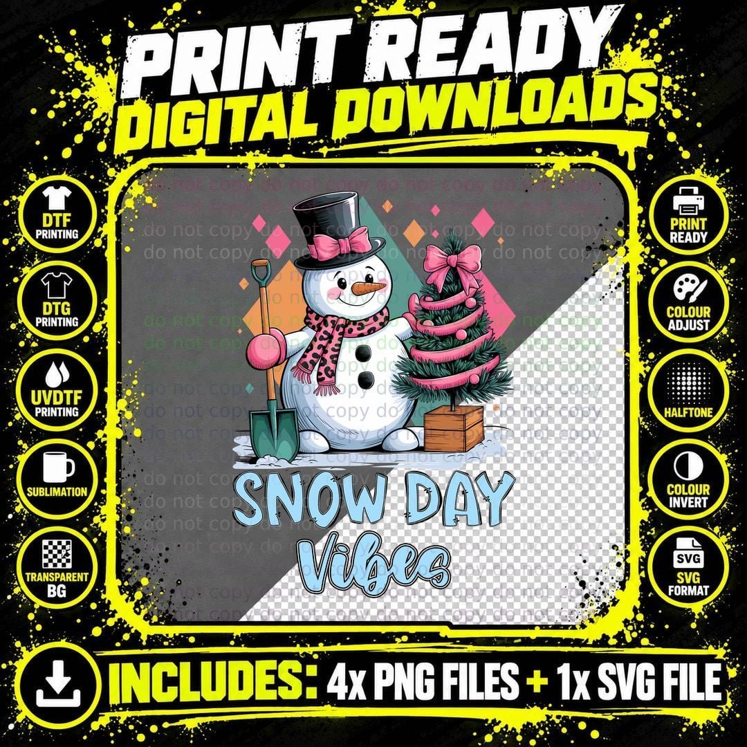 Snow Day Vibes Winter T-Shirt, Snowman Holding Shovel & Png SVG Digital Bundle