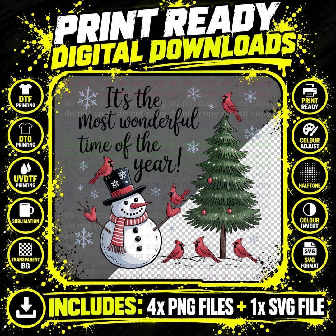Snowman Cardinals Tree Christmas T-Shirt Png SVG Digital Bundle
