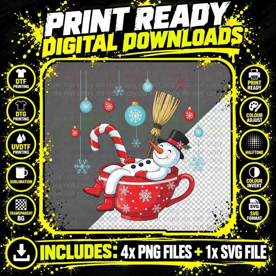 Snowman in Giant Mug with Broom Winter T-Shirt Png SVG Digital Bundle