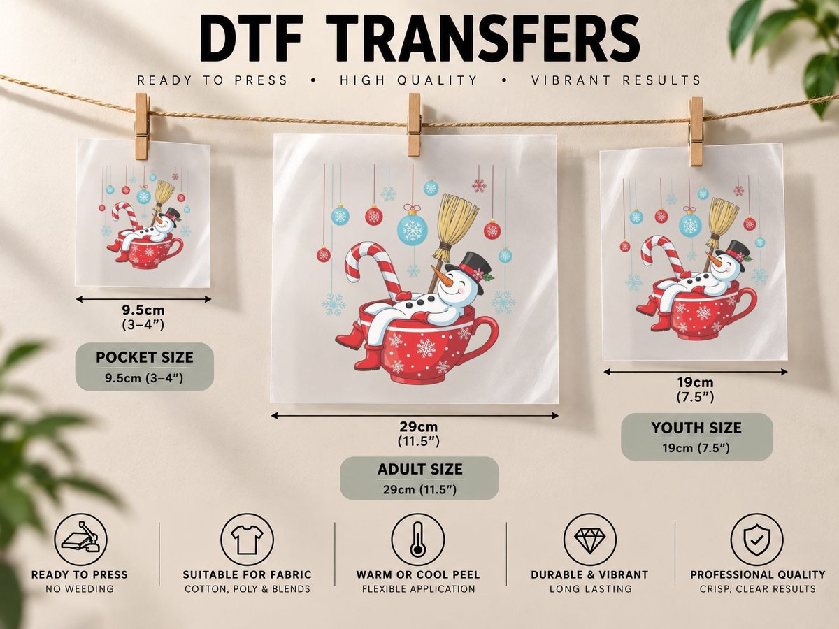 Snowman in Giant Mug with Broom Winter, Winter Graphic DTF Transfer Iron On