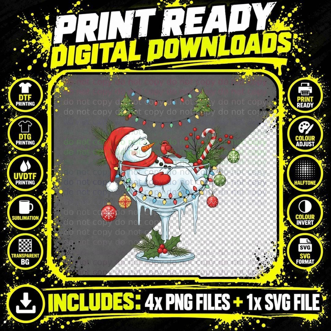 Snowman in Ice Cream Bowl with Christmas Decorations Png SVG Digital Bundle