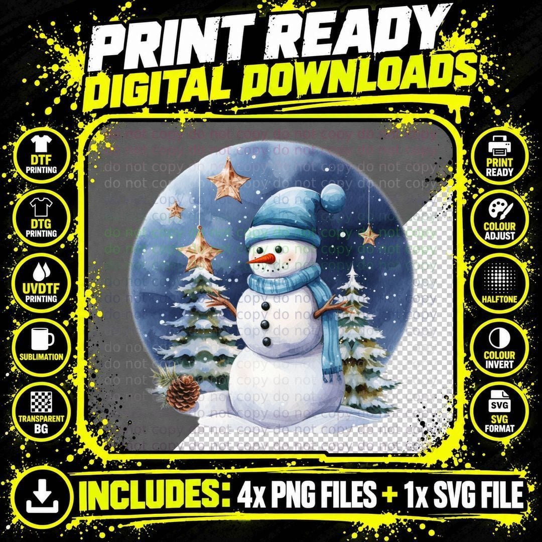 Snowman in Snowy Night with Stars Winter T-Shirt Png SVG Digital Bundle
