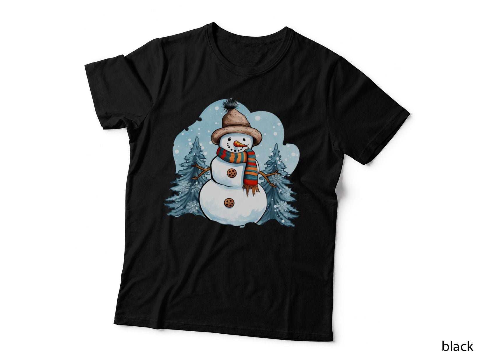 Snowman in Winter Landscape with Trees Winter T-Shirt, Winter Graphic Tee