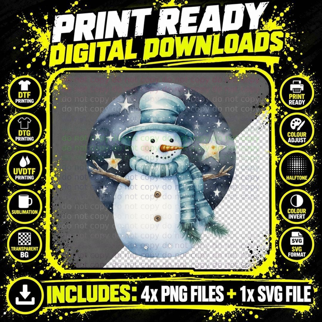 Snowman in Winter Night with Stars Winter T-Shirt Png SVG Digital Bundle