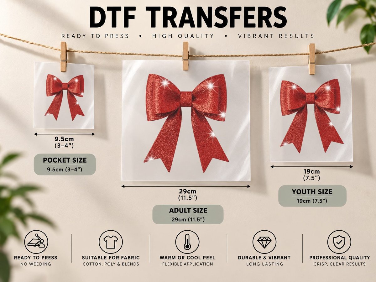 Sparkling Red Glitter Bow Christmas Coquette DTF Transfer Iron On