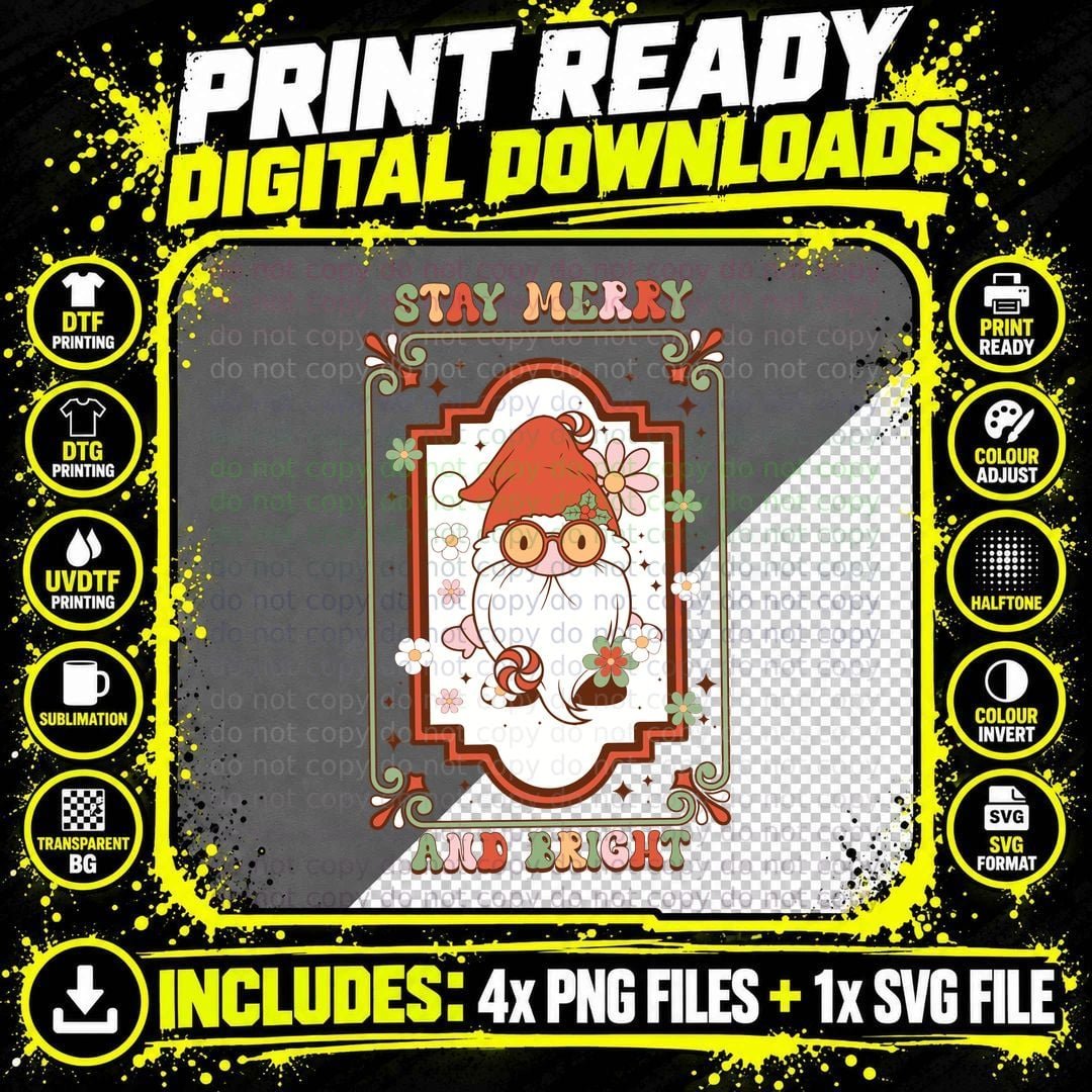 Stay Merry and Bright Christmas T-Shirt Png SVG Digital Bundle