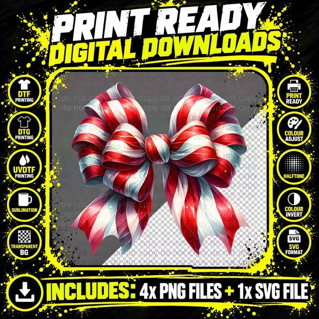 Striped Candy Cane Bow Christmas Coquette T-Shirt Png SVG Digital Bundle