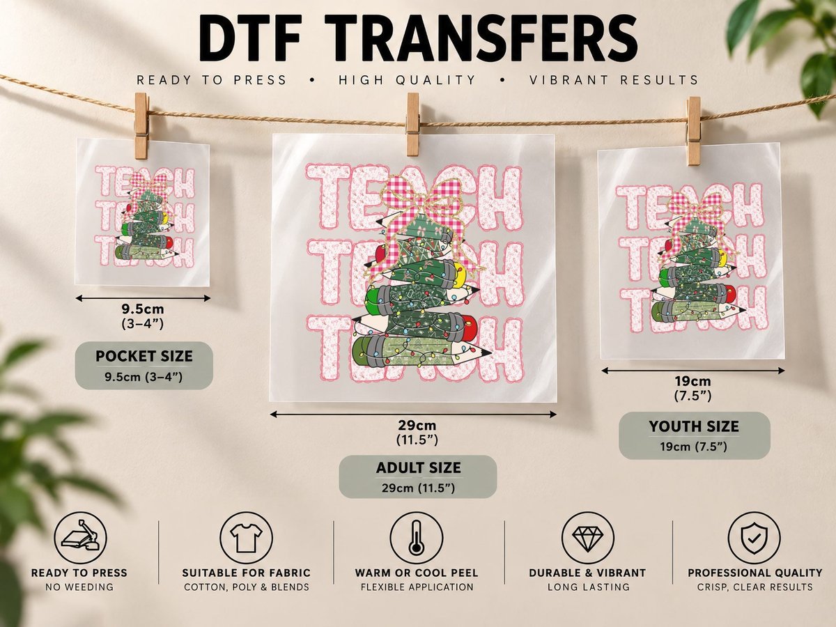 Teach Teacher, Christmas Pencils Stack with Lights Graphic DTF Transfer Iron On