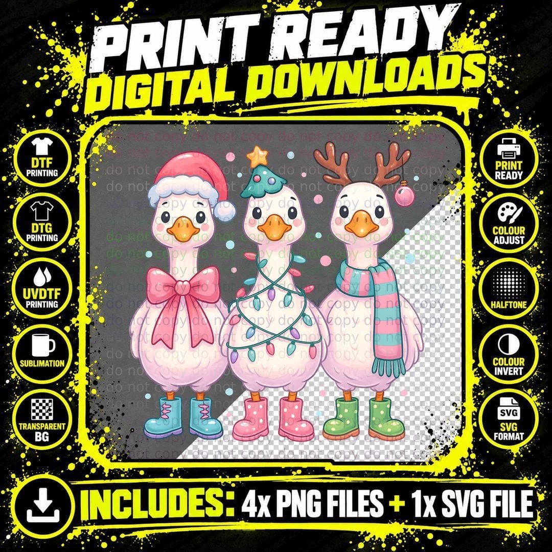 Three Cute Holiday Geese Christmas T-Shirt Png SVG Digital Bundle