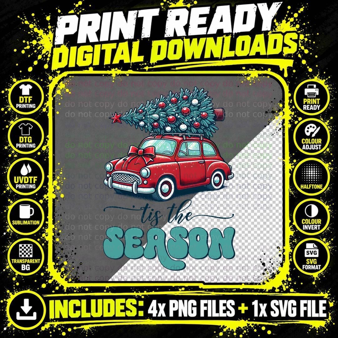 Tis the Season Winter T-Shirt, Vintage Car Carrying Png SVG Digital Bundle
