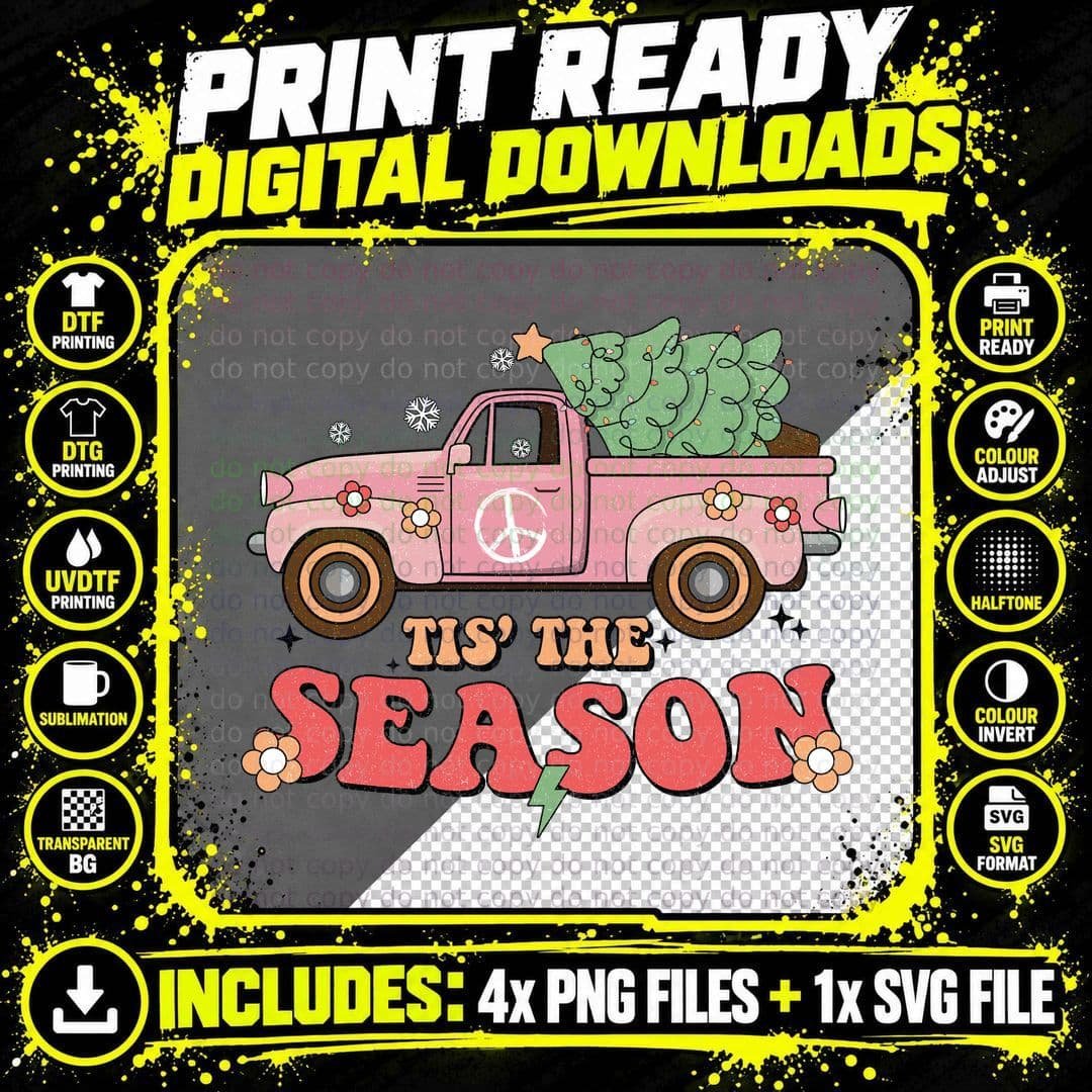 Tis' the Season Christmas T-Shirt, Pink Truck Carrying Png SVG Digital Bundle