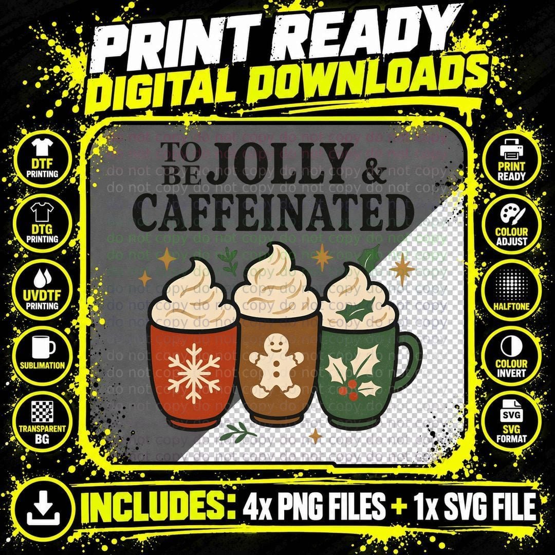To Be Jolly & Caffeinated Christmas Design T-Shirt Png SVG Digital Bundle