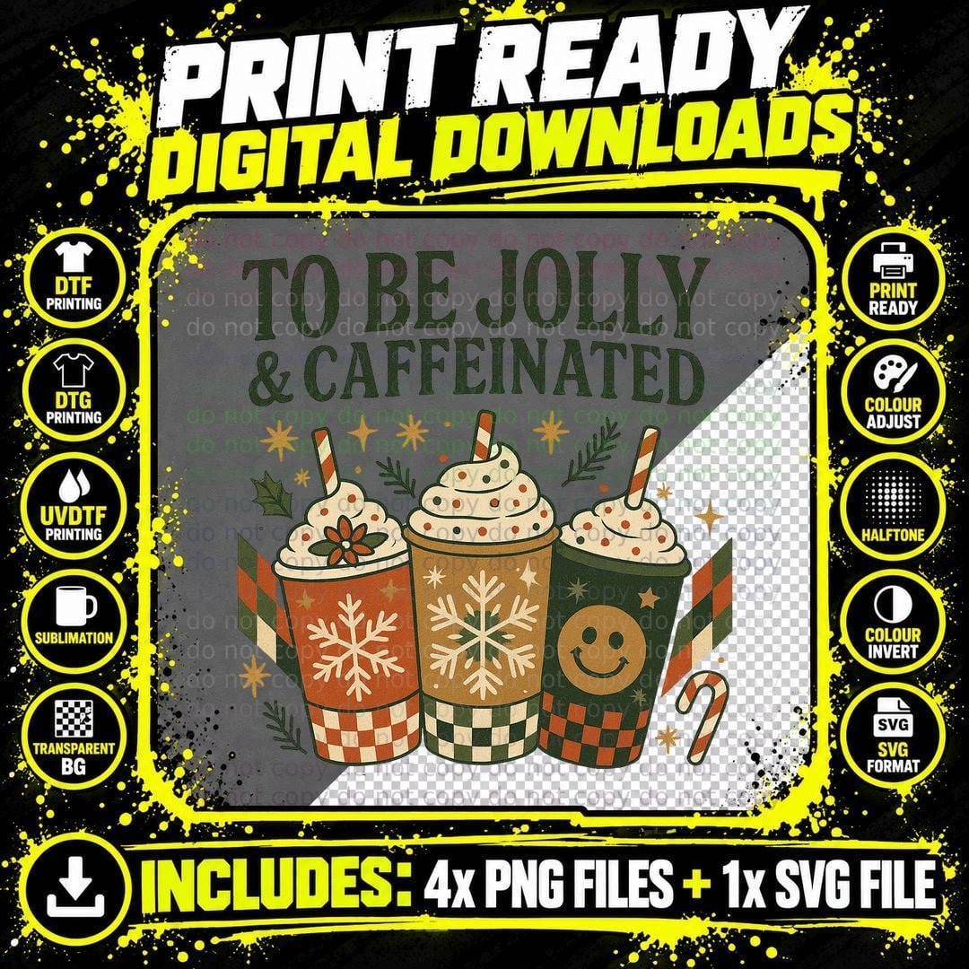 To Be Jolly & Caffeinated Christmas T-Shirt Png SVG Digital Bundle