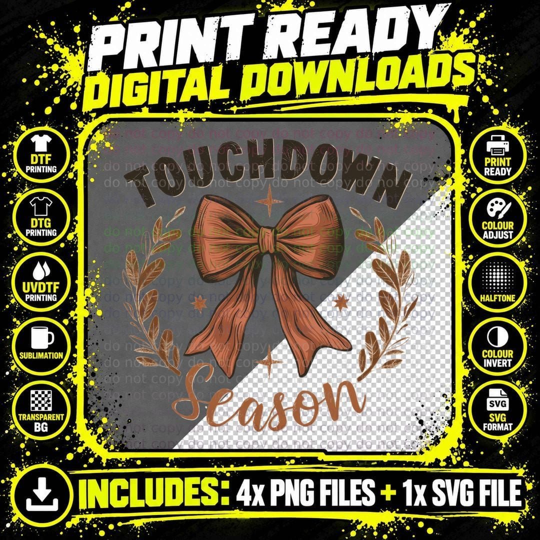 Touchdown Season Football T-Shirt, Festive Bow with Png SVG Digital Bundle