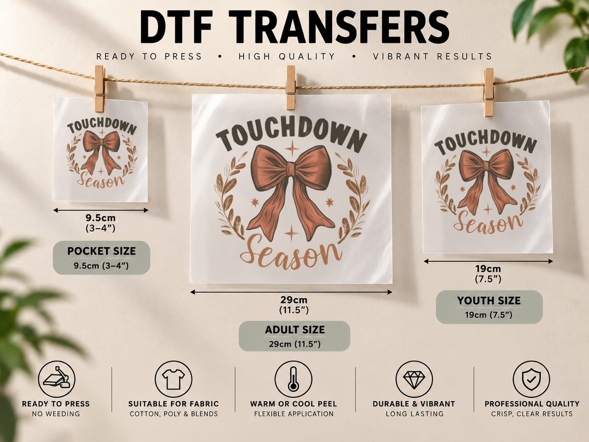 Touchdown Season Football, Festive Bow with Leaves and DTF Transfer Iron On