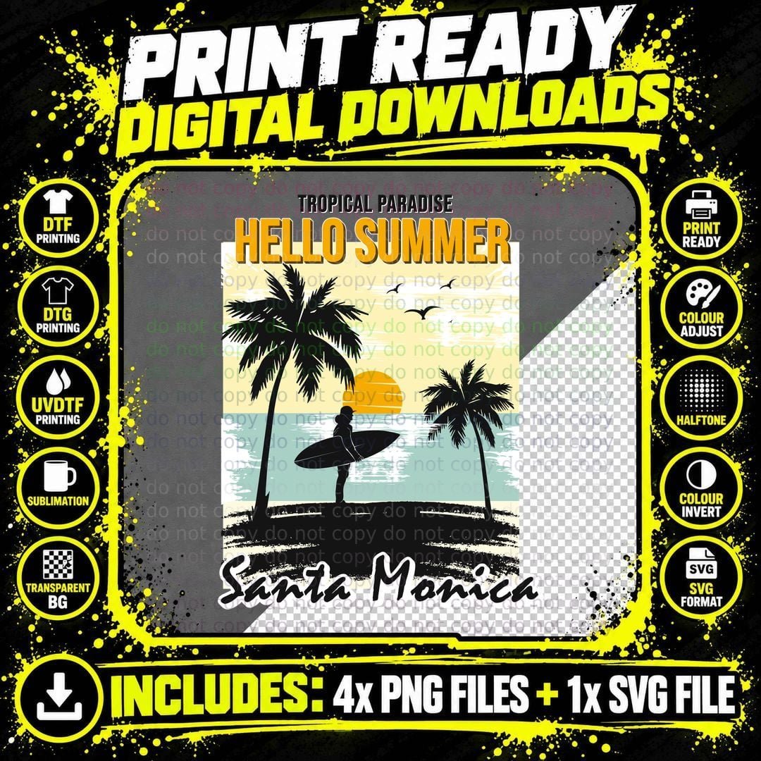 Tropical Paradise Hello Summer Santa Monica Surfer Palm Png SVG Digital Bundle