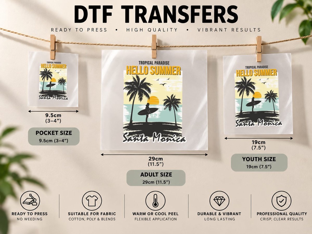 Tropical Paradise Hello Summer Santa Monica Surfer Palm DTF Transfer Iron On