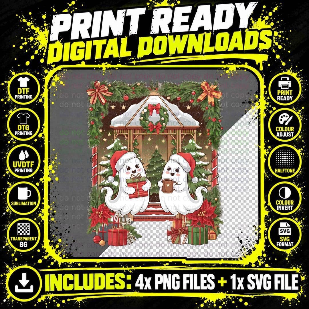 Two Ghosts in Decorated House Christmas T-Shirt Png SVG Digital Bundle