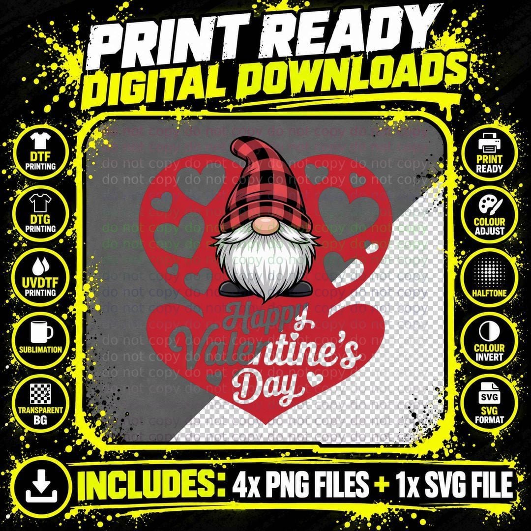 Valentine Gnome Happy Valentine's Day Hearts Silhouette Png SVG Digital Bundle