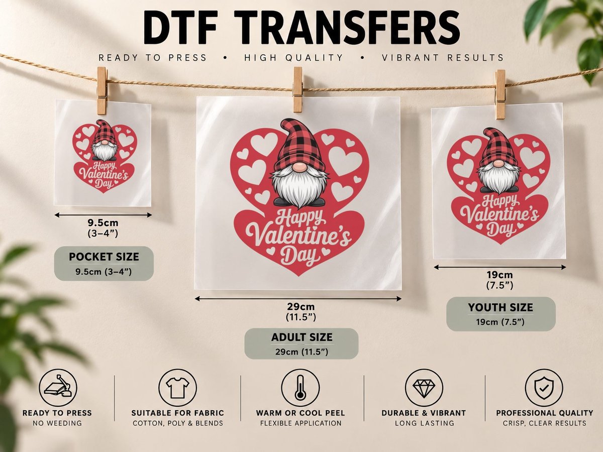 Valentine Gnome Happy Valentine's Day Hearts Silhouette DTF Transfer Iron On