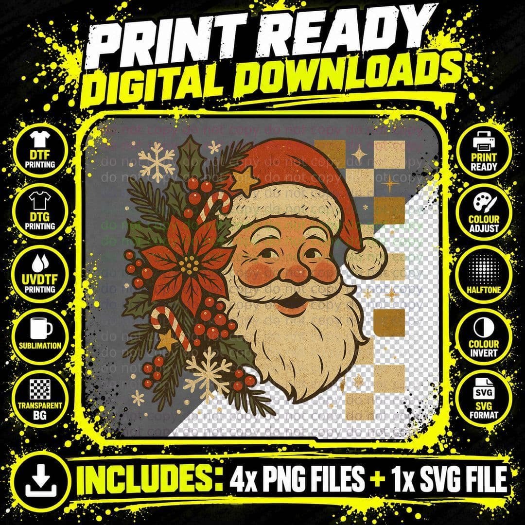 Vintage Retro Santa Portrait Christmas T-Shirt Png SVG Digital Bundle