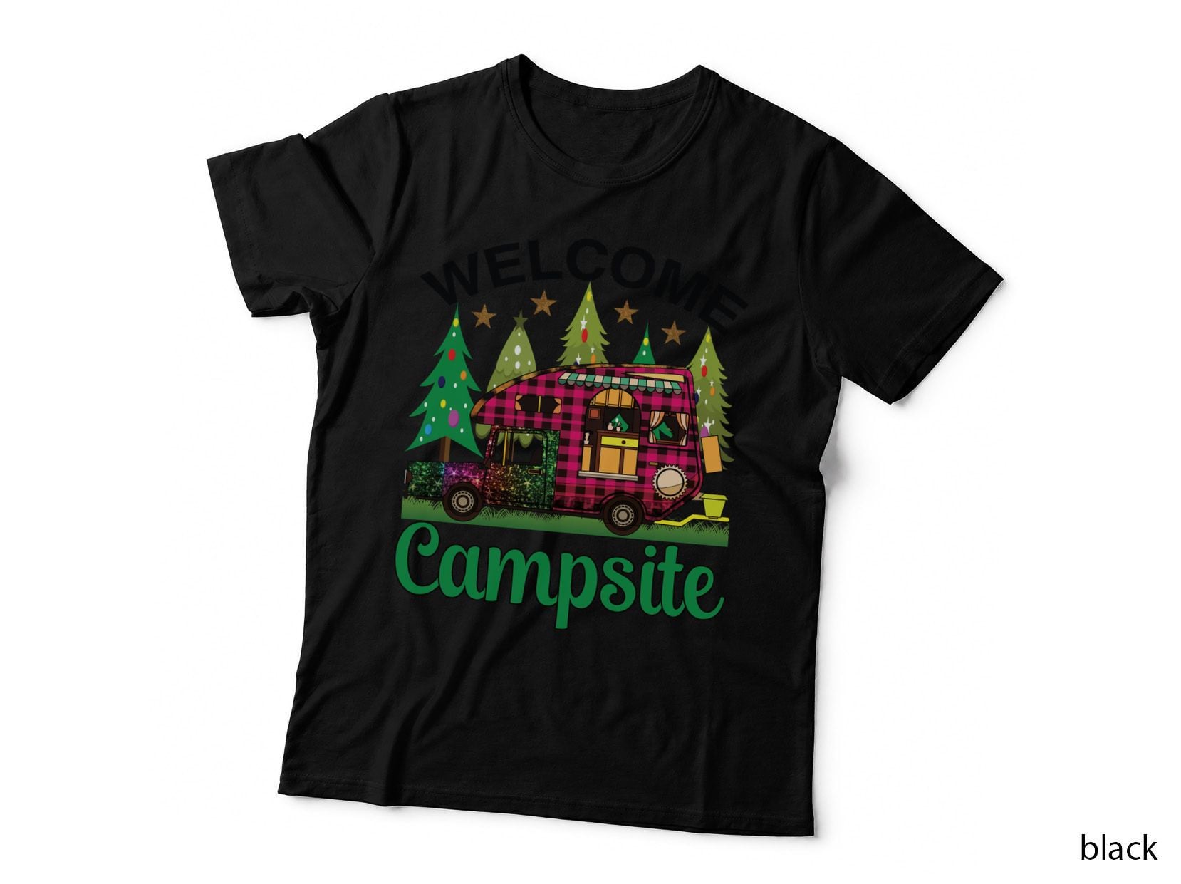 Welcome Campsite Camping T-Shirt, Christmas Camper Scene with Trees Graphic Tee