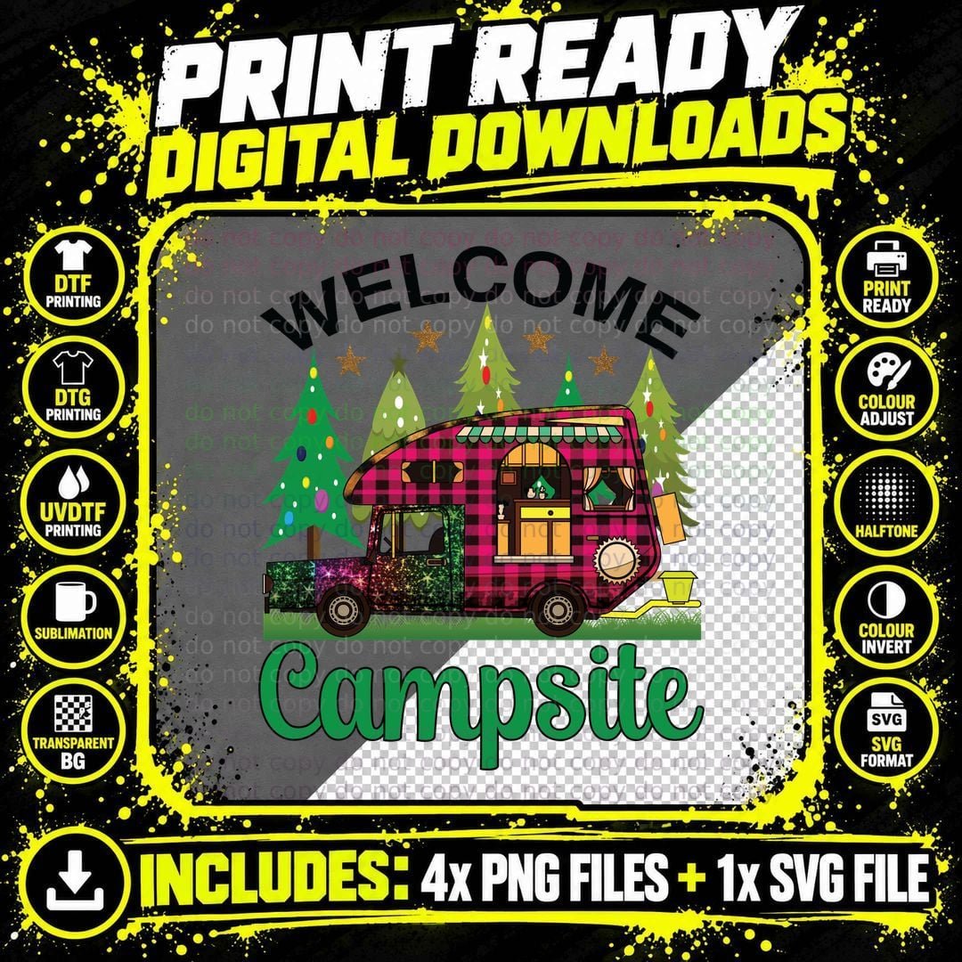 Welcome Campsite Camping T-Shirt, Christmas Camper Scene Png SVG Digital Bundle