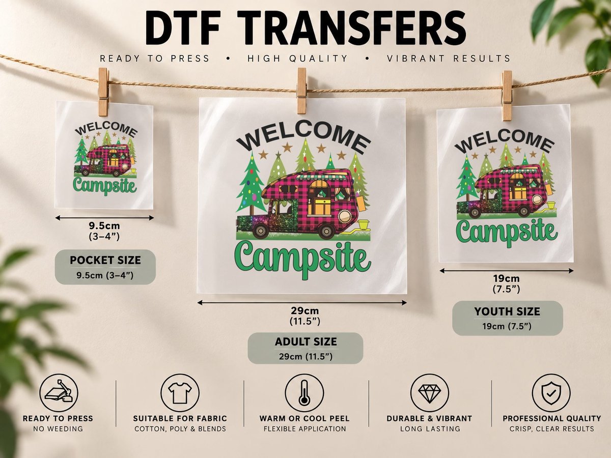 Welcome Campsite Camping, Christmas Camper Scene with DTF Transfer Iron On