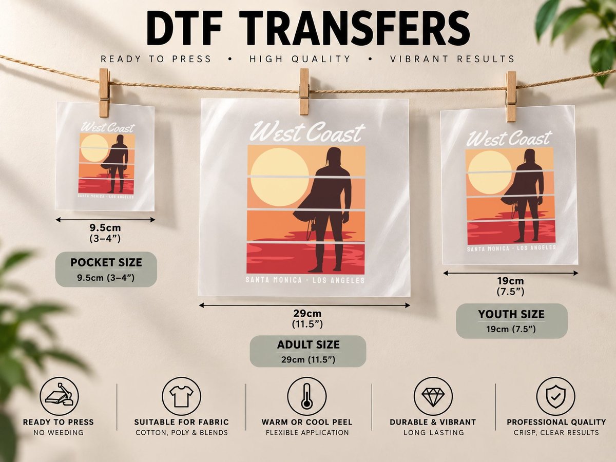West Coast Surfer Santa Monica Los Angeles Silhouette DTF Transfer Iron On
