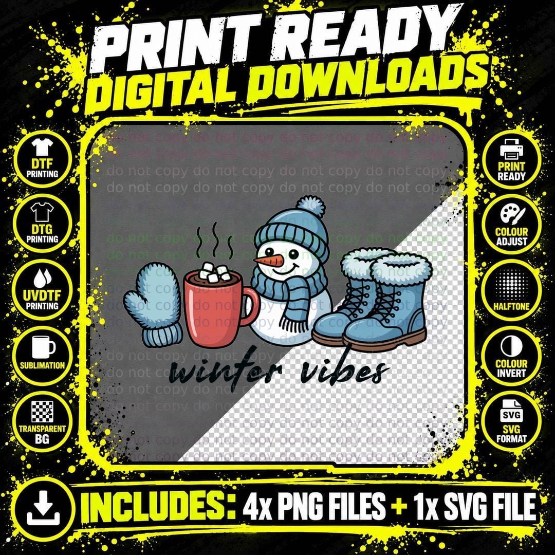 Winter Vibes Winter T-Shirt, Snowman Holding Hot Png SVG Digital Bundle