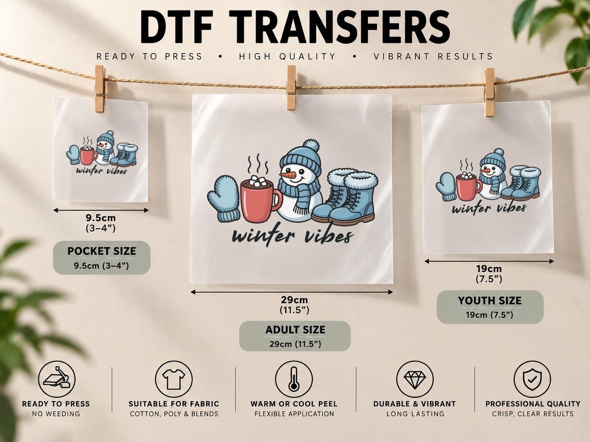 Winter Vibes Winter, Snowman Holding Hot Chocolate with DTF Transfer Iron On