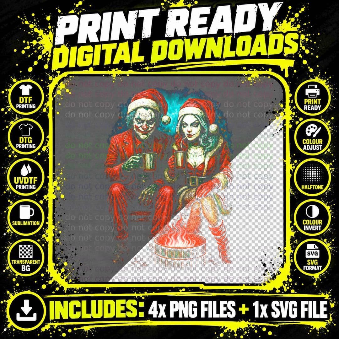 Zombie Couple Red Gold Green Halftone Christmas Zombies Png SVG Digital Bundle