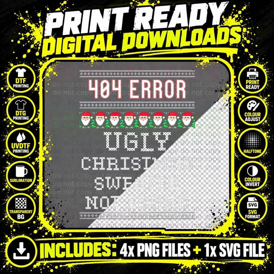 404 Error Ugly Christmas Sweater Not Found Humorous Png SVG Digital Bundle