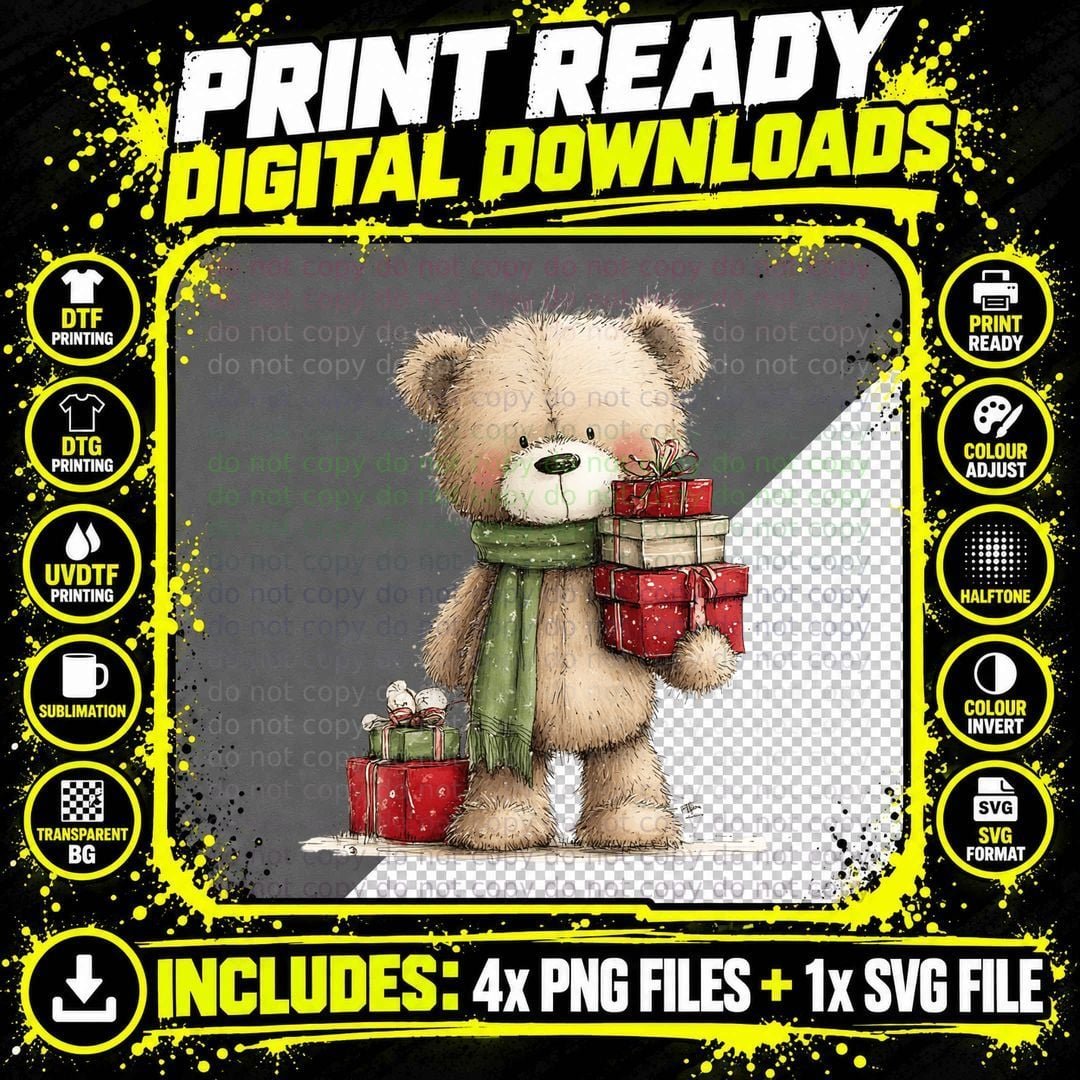 Adorable Winter Bear Carrying Presents Cozy Christmas Png SVG Digital Bundle