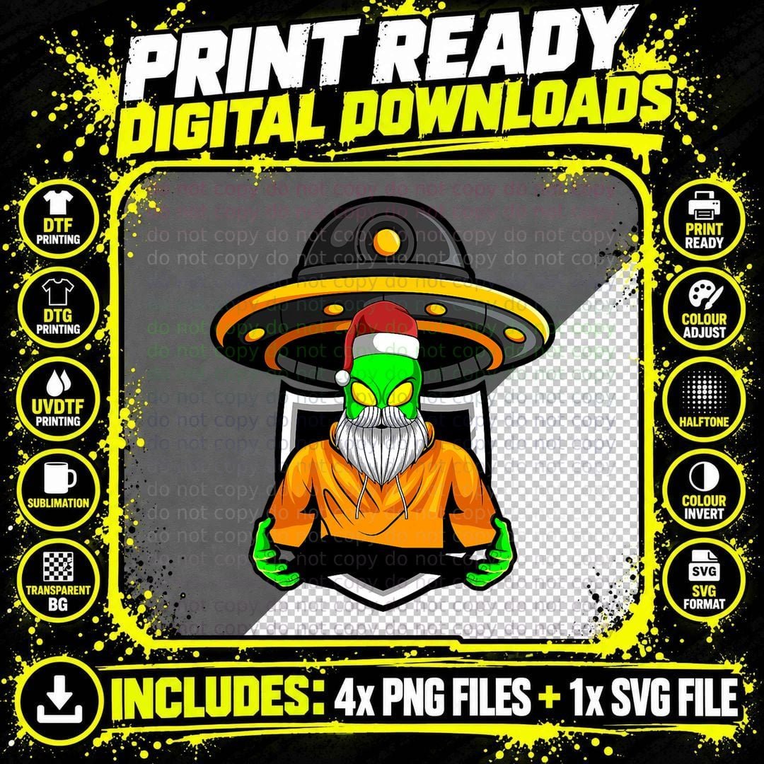 Alien Santa Hat UFO Christmas Pajama Cool X-Mas Holiday Png SVG Digital Bundle
