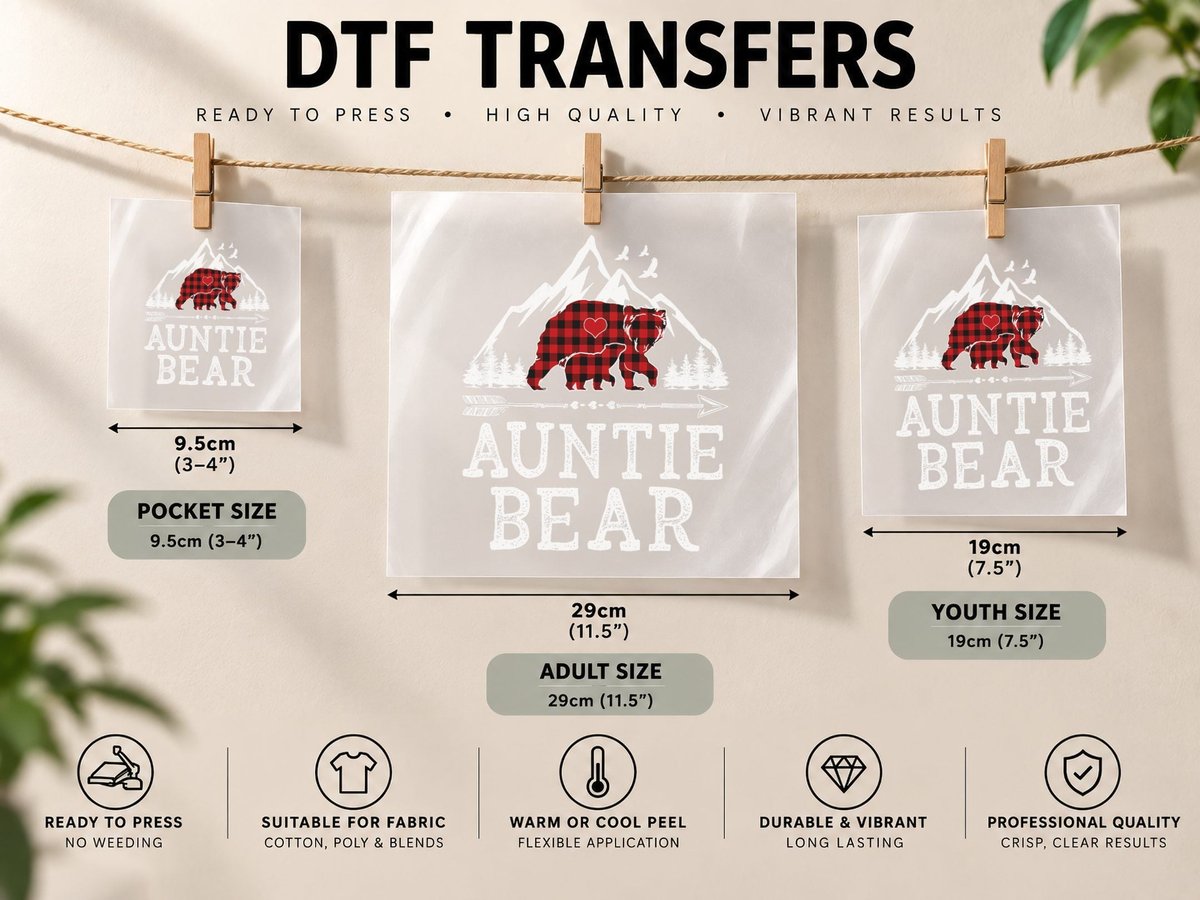 Auntie Bear Christmas Buffalo Red Plaid Family Matching DTF Transfer Iron On