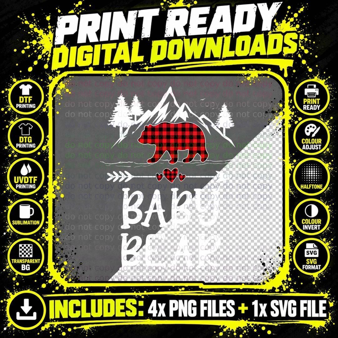 Baby Bear Christmas Pajama Red Plaid Buffalo Matching Png SVG Digital Bundle