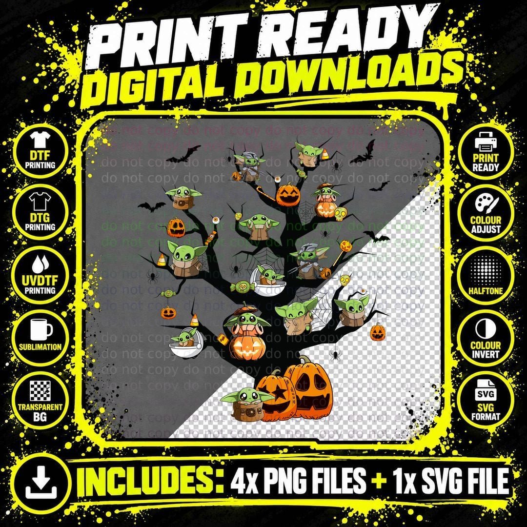 Baby Yoda Halloween Tree T-Shirt, Festive Costume Theme Png SVG Digital Bundle