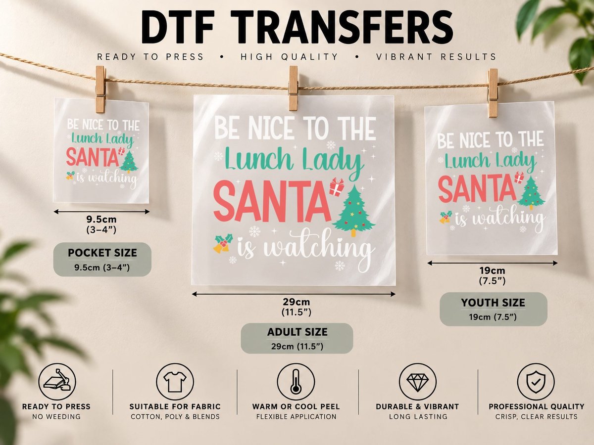 Be Nice to the Lunch Lady Santa Is Watching Funny DTF Transfer Iron On