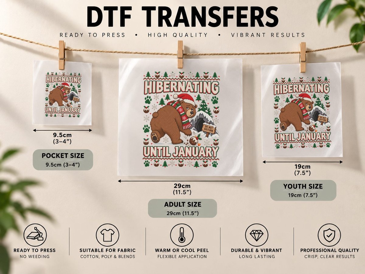 Bear Christmas Hibernating Until January Funny Winter DTF Transfer Iron On
