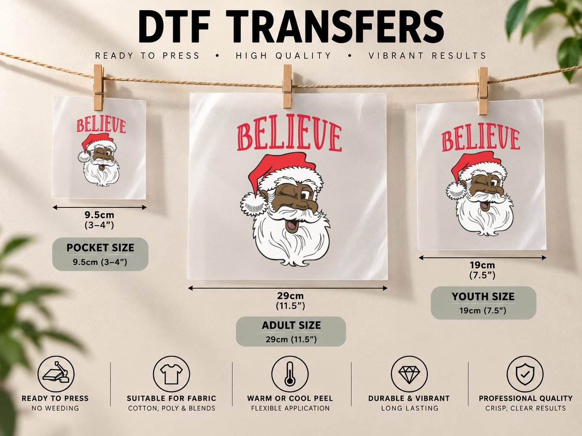 Believe African American Santa Claus Family Christmas DTF Transfer Iron On