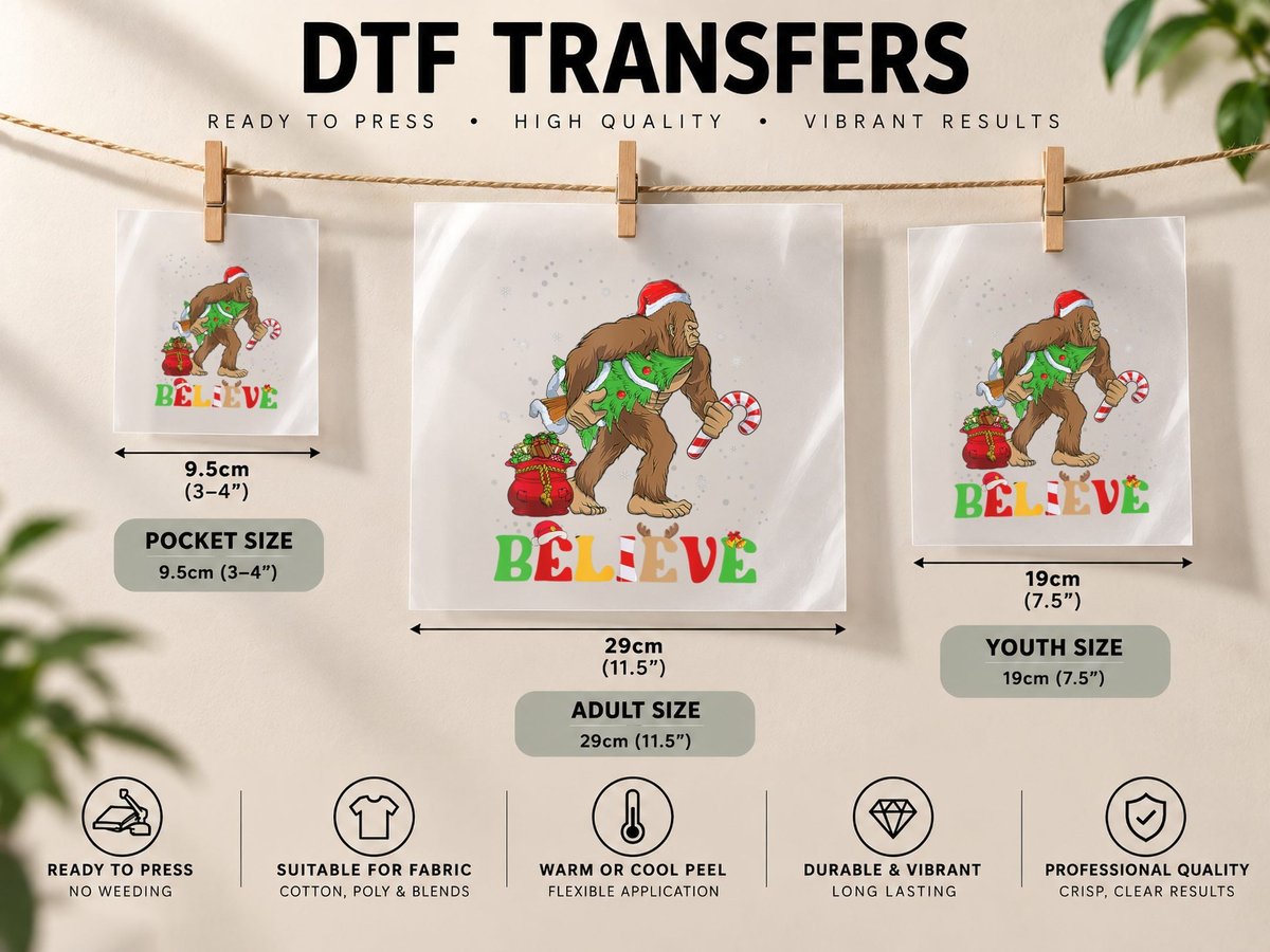 Believe Bigfoot Christmas Tree Light Santa Hat Squatch DTF Transfer Iron On