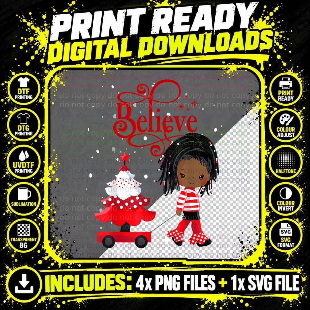 Believe Black Girl Pulling Red White Polka Dot Christmas Png SVG Digital Bundle