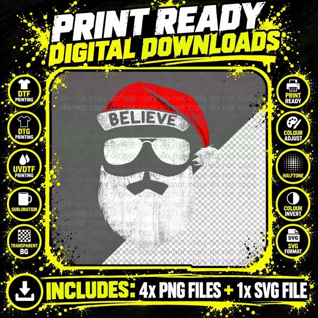 Believe Quote on Santa Hat Mustache Family Reunion Png SVG Digital Bundle