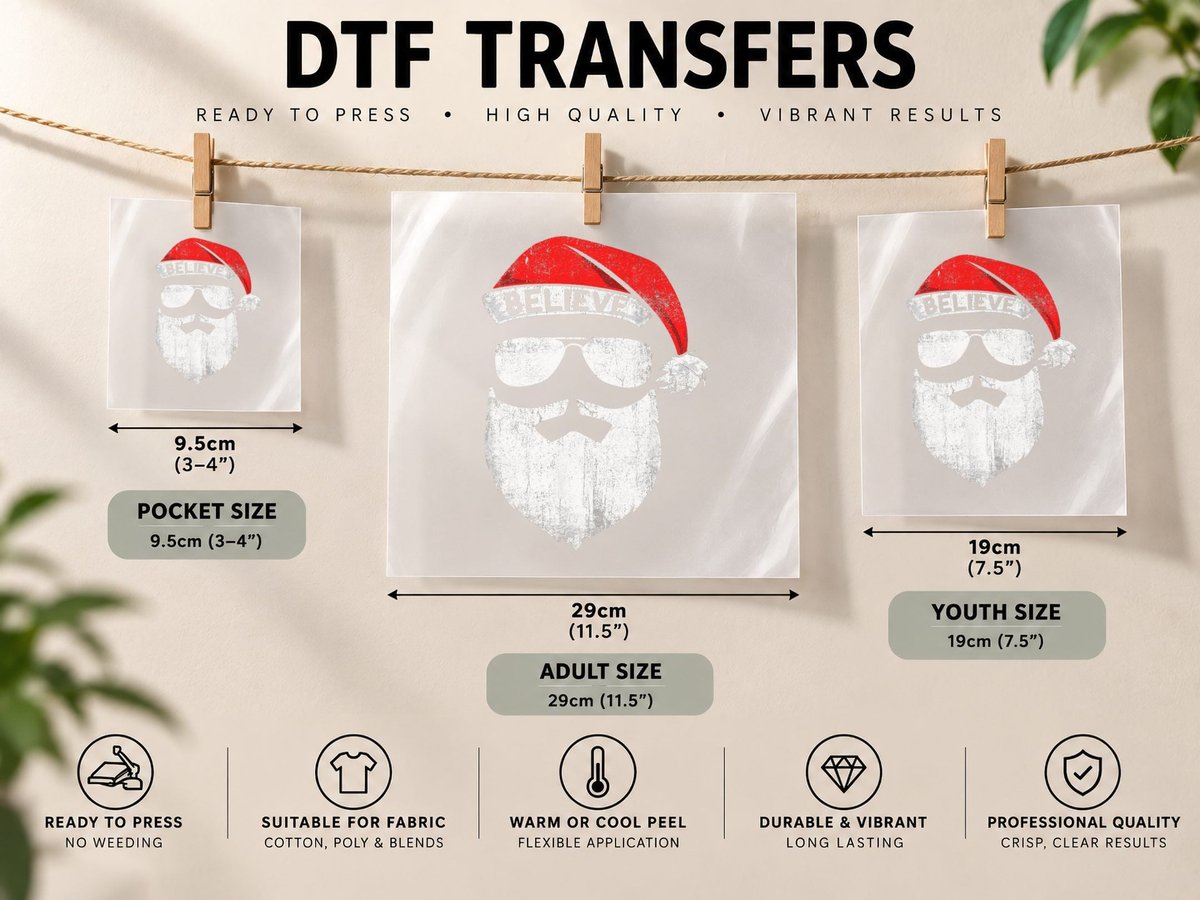 Believe Quote on Santa Hat Mustache Family Reunion DTF Transfer Iron On